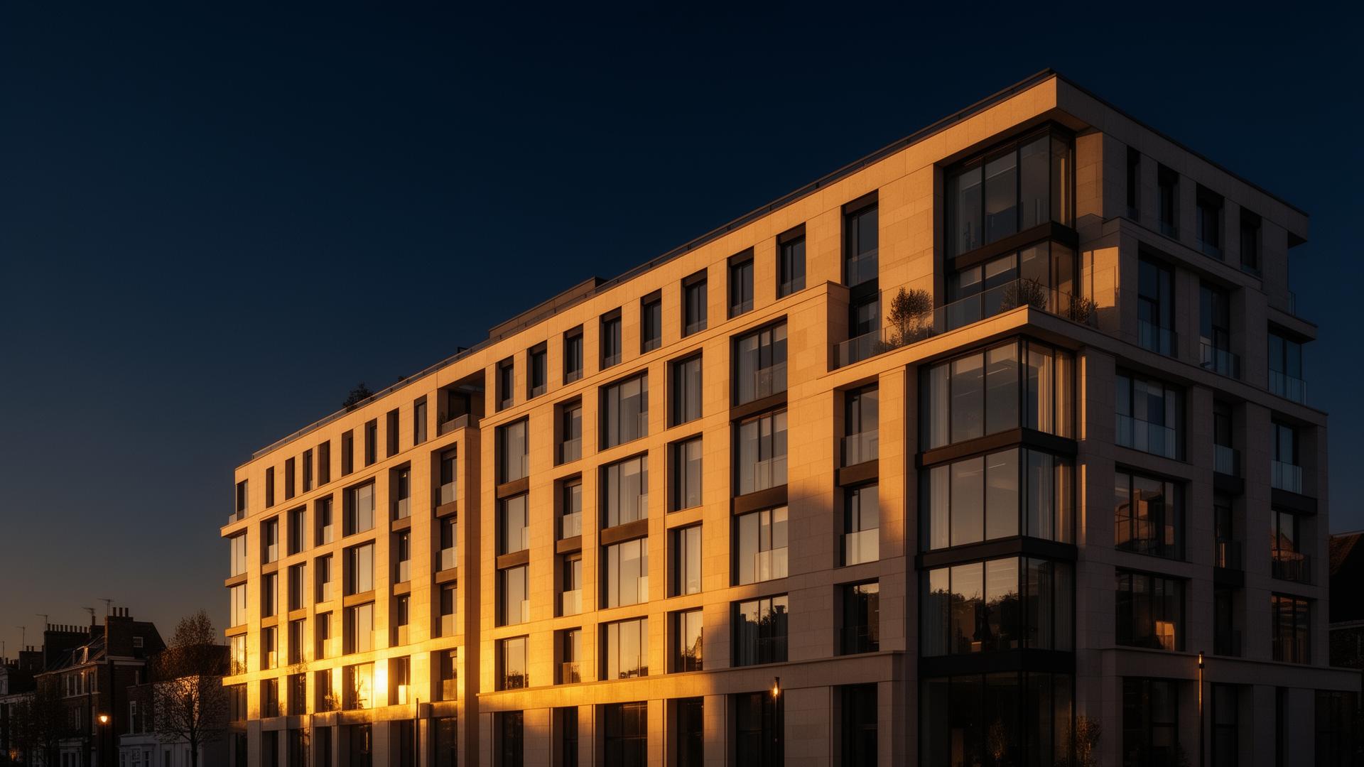 Modern UK residential building at golden hour